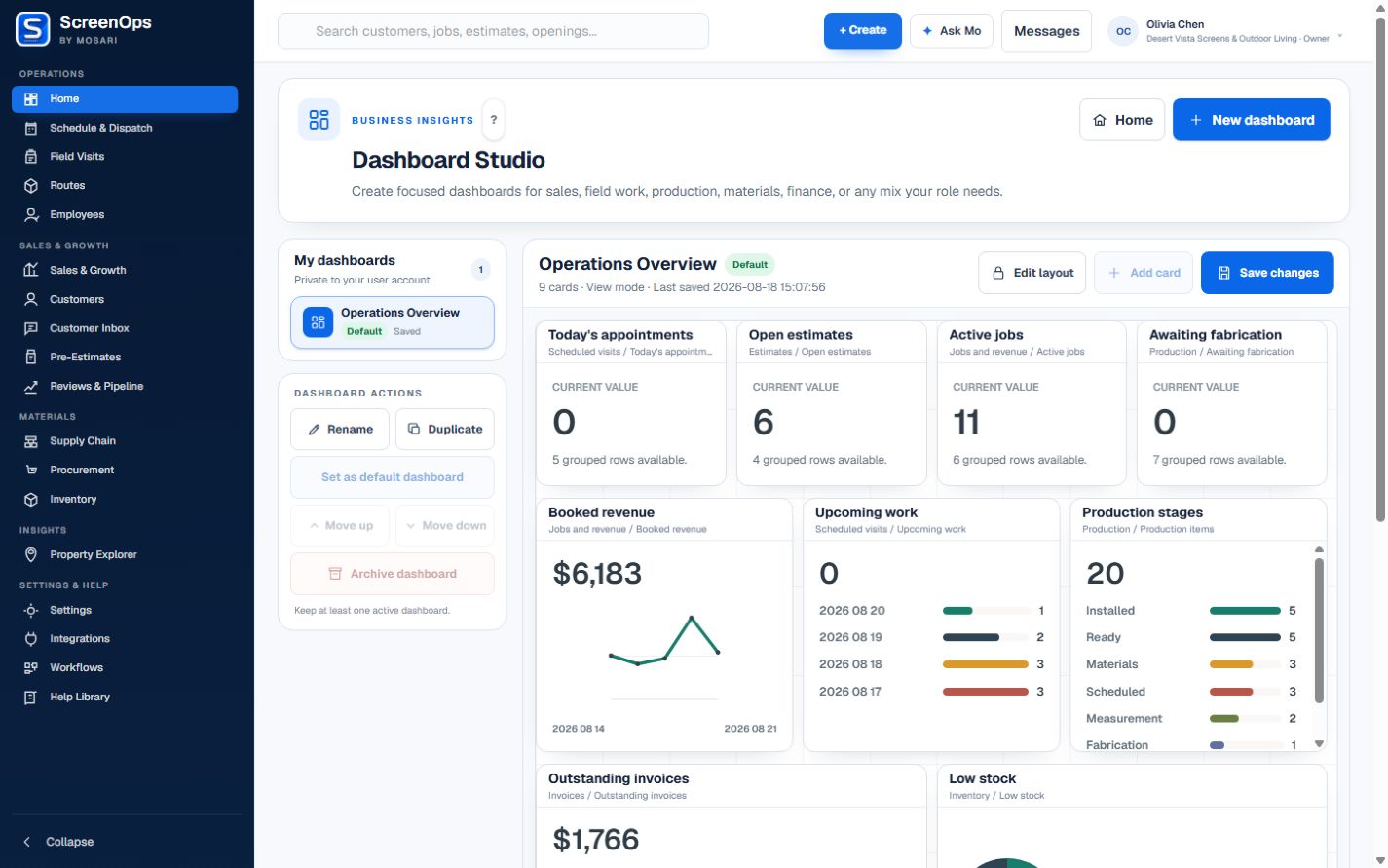 ScreenOps Dashboard Studio with a named custom operations dashboard.