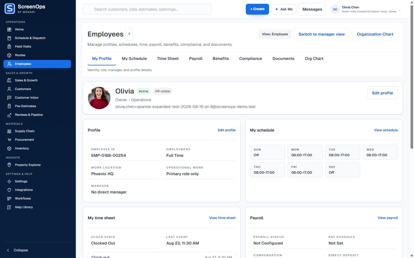 ScreenOps Employees workspace with profile, schedule, time, payroll, and compliance areas.