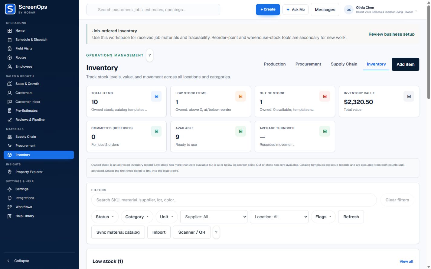ScreenOps Inventory catalog with stock value, availability, and low-stock alerts.