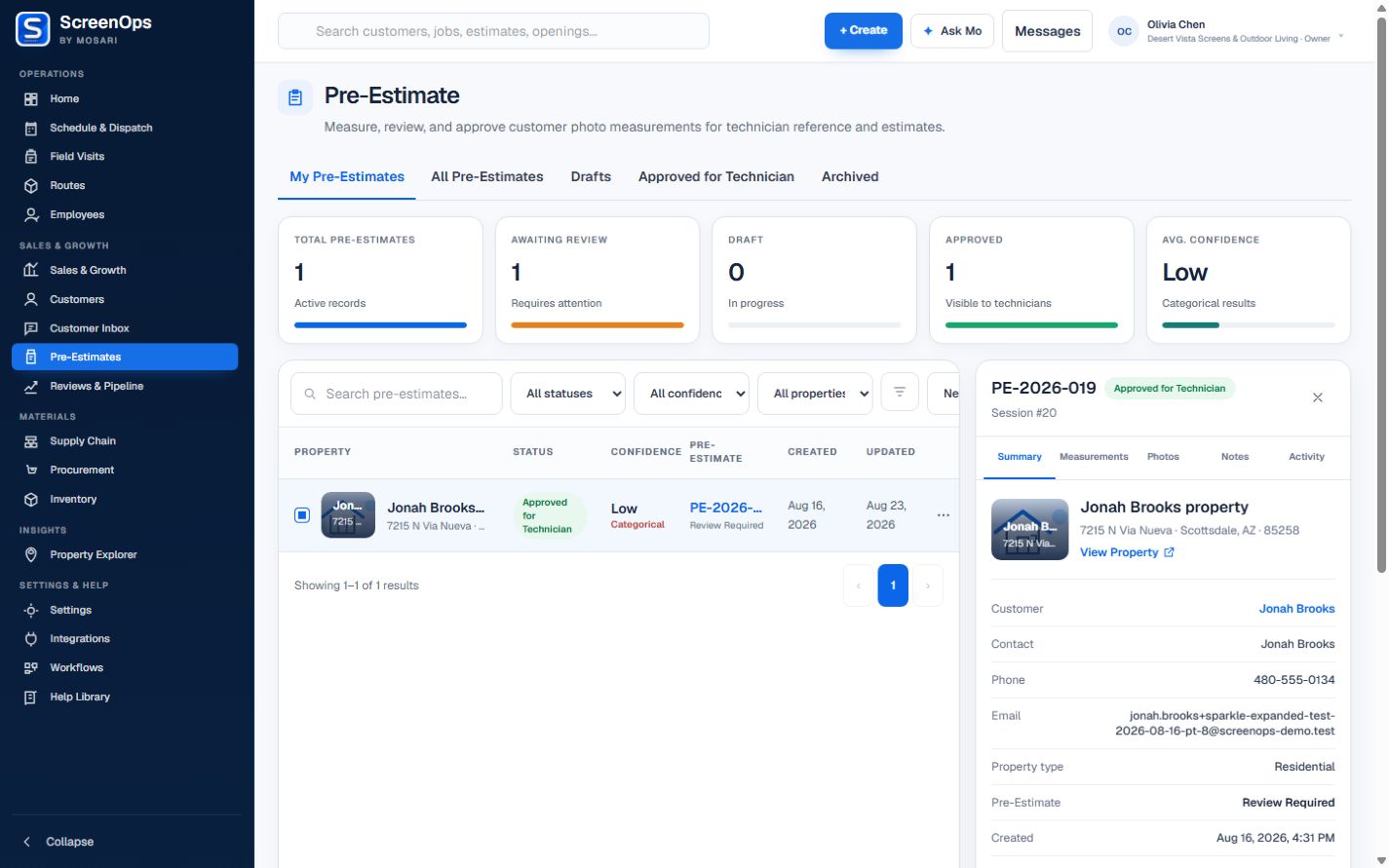 ScreenOps Pre-Estimates workspace with photo-measure review context.