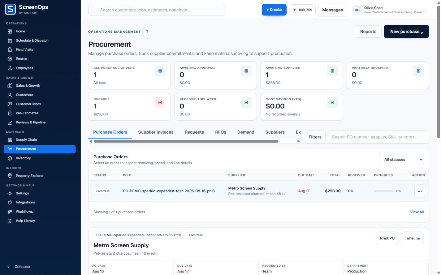 ScreenOps Procurement workspace with purchase orders and receiving detail.