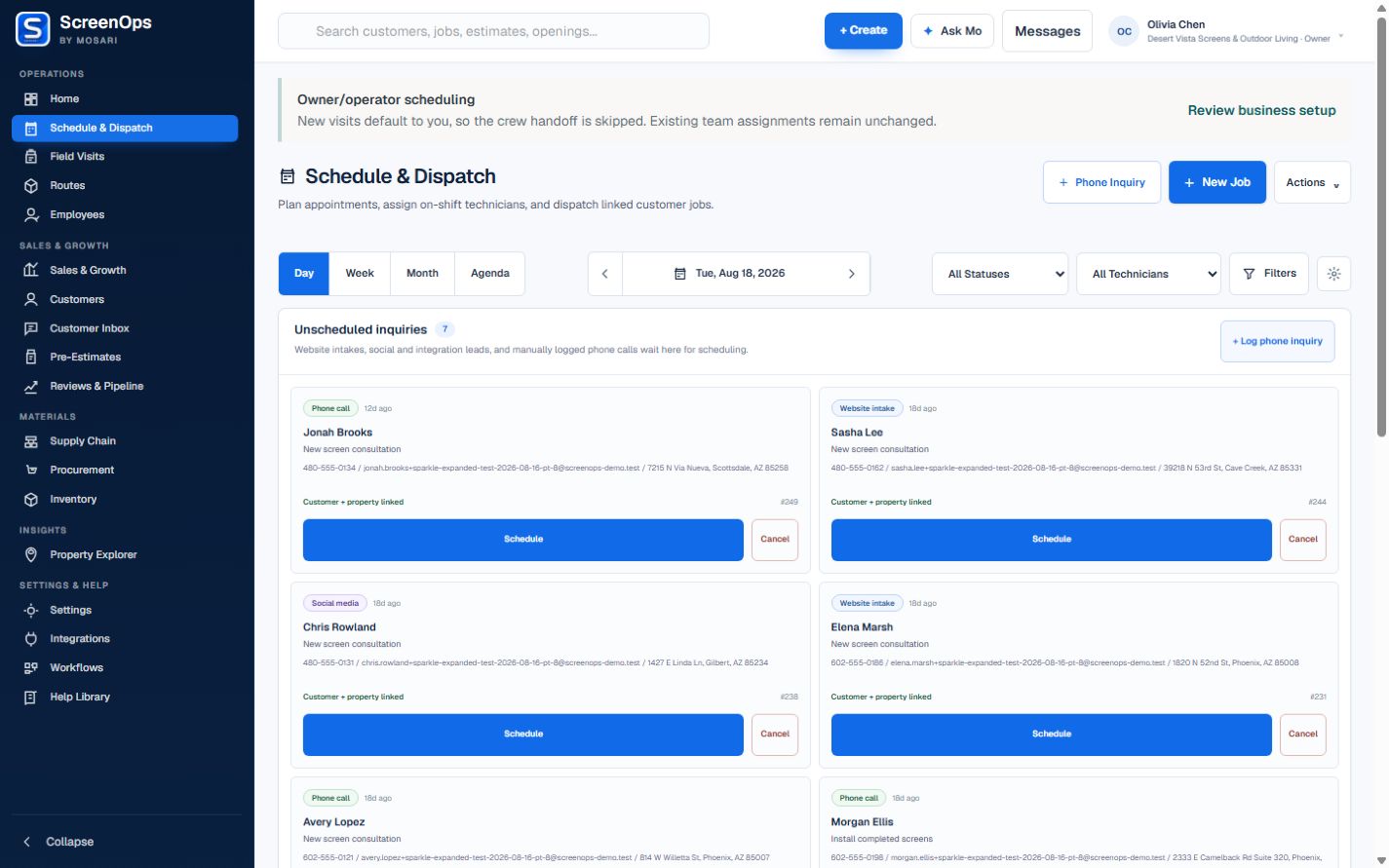 ScreenOps Schedule and Dispatch workspace with technician lanes and scheduled work.