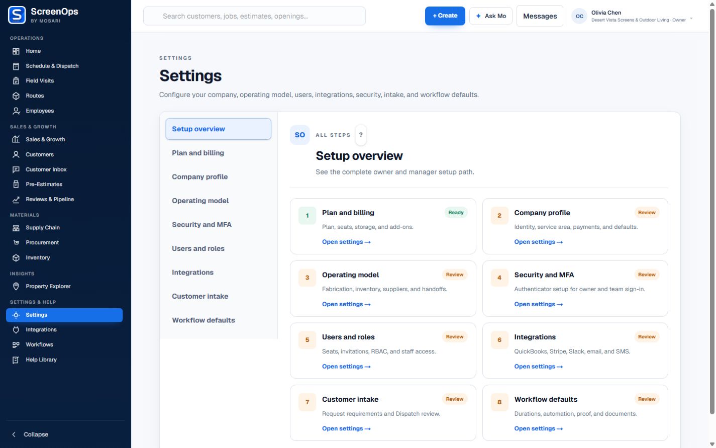 ScreenOps Settings overview for company and operating configuration.