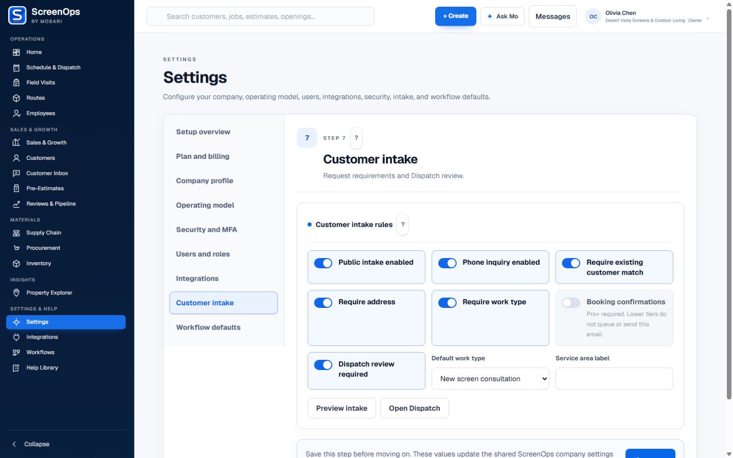 ScreenOps Customer Intake settings for public, phone, and customer matching behavior.