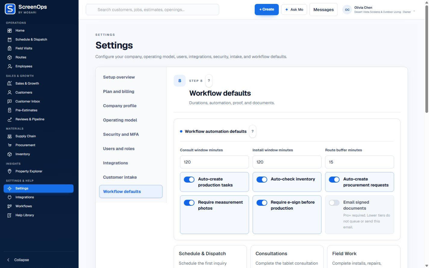 ScreenOps Workflow Defaults for scheduling, inventory, procurement, proof, and signatures.