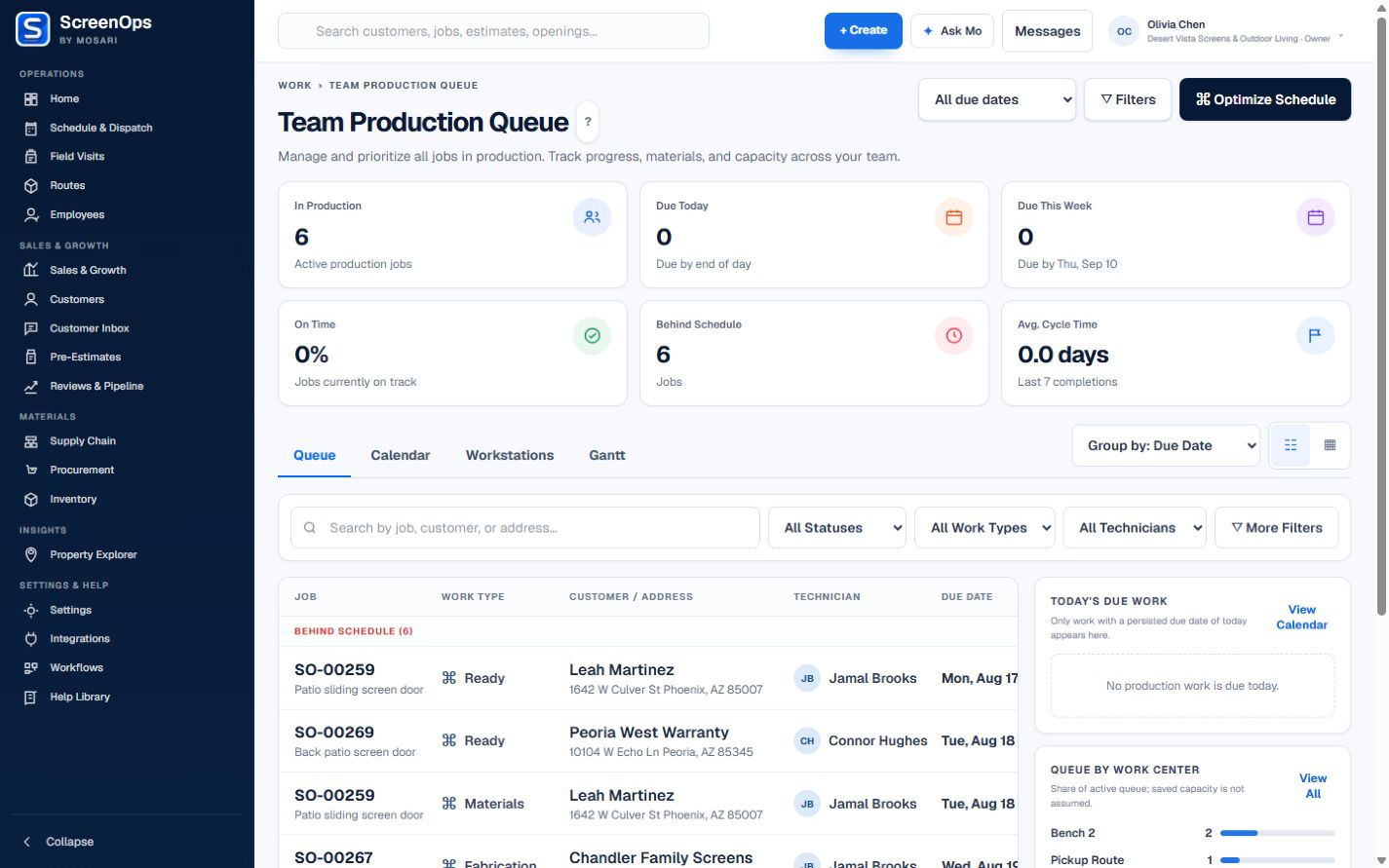 ScreenOps Team Production Queue with active work and work-center status.