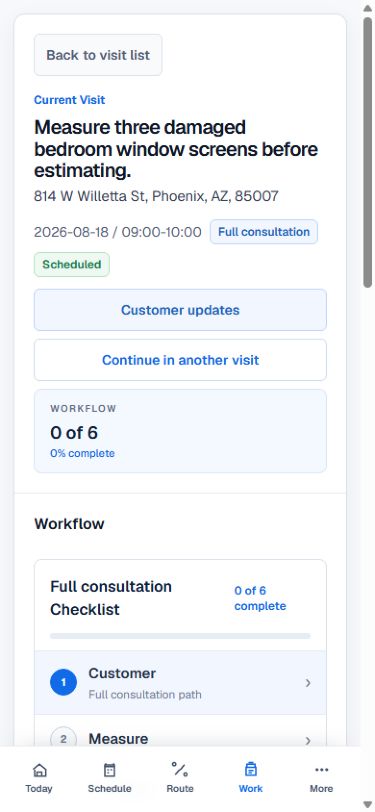ScreenOps mobile consultation workflow with customer, measurement, configuration, estimate, payment, and paperwork steps.