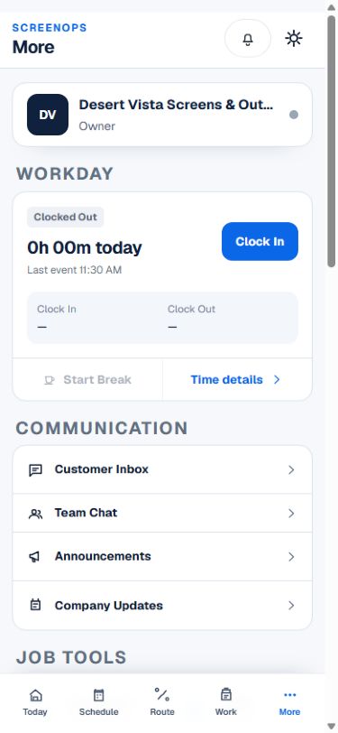 ScreenOps mobile More workspace with communication, job tools, time, and account actions.
