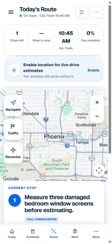 ScreenOps mobile route with technician stops and current customer context.