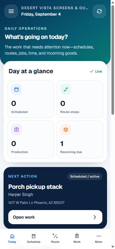 ScreenOps mobile Today workspace for an owner.