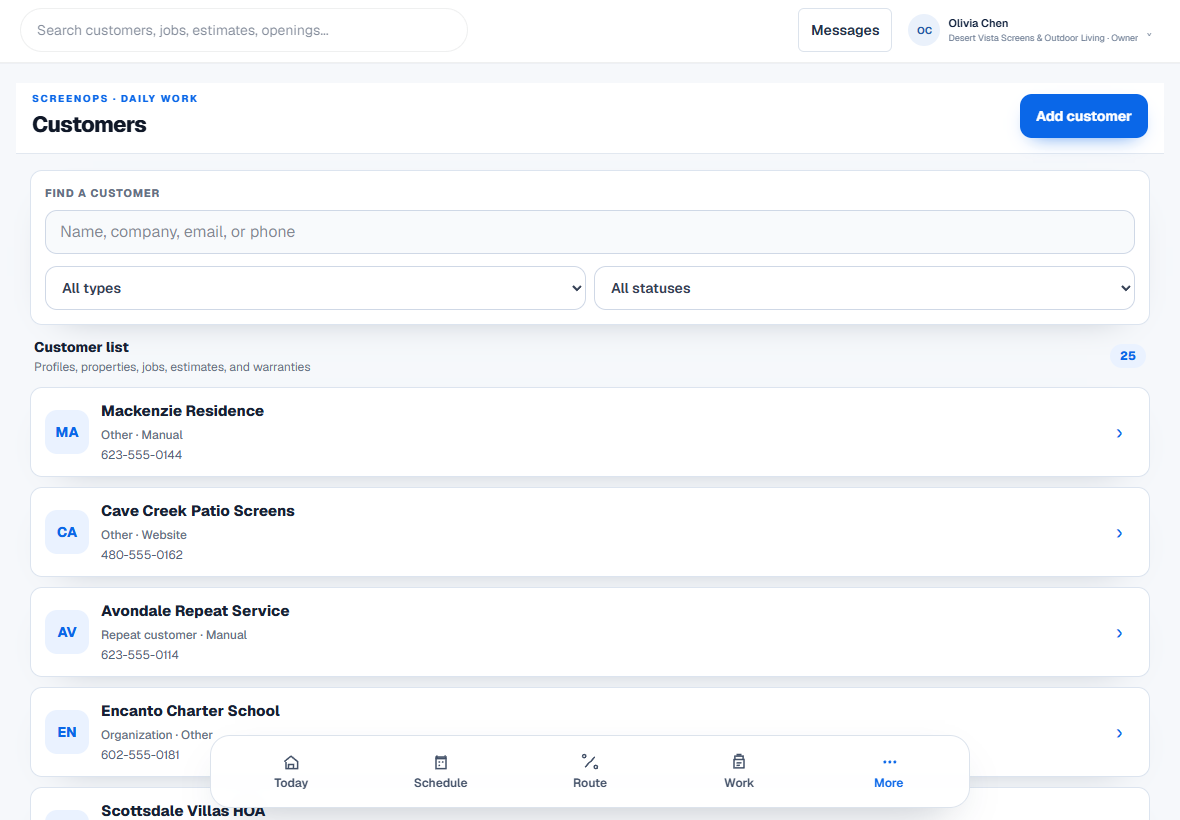 ScreenOps customer CRM adapted for a tablet with fictional Desert Vista customer records.