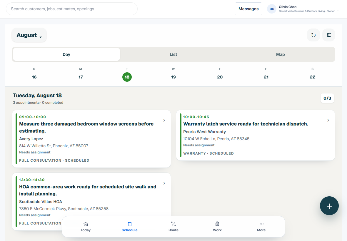 ScreenOps Schedule and Dispatch workspace adapted for a tablet.